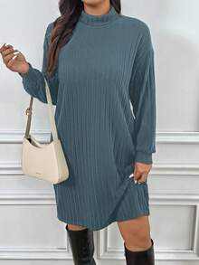 SHEIN Frenchy Plus Size Women High Neck Drop Shoulder Long Sleeve Casual Ribbed T-Shirt Dress/Fall/Winter