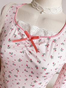 Tween Girls Casual Cute Versatile 2 In 1 Ditsy Floral Lace Trim Bow T-Shirt, Suitable For Daily Wear And Outings Fall Winter