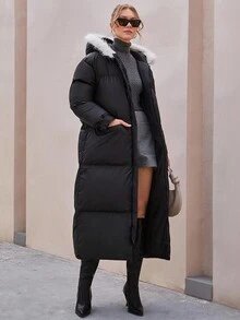 CLARA VERO Women Contrast Hooded Pocket Zipper Detailed Long Padded Winter Coat - Black - View 5