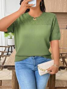 EMERY ROSE Plus Size Casual Hollow Out Round Neck Short Sleeve Tops - Green - View 3