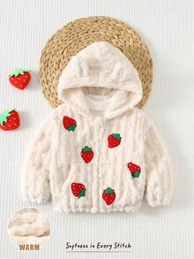 Cozy Pixies Baby Girl Strawberry Textured Fleece Thick Hooded Long Sleeve Jacket, Versatile & Comfortable Fall Winter - Apricot - View 6