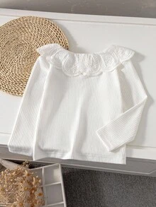 Genkimix Kids Áo thun tay dài vải gân cho bé gái có cổ viền ren, thoải mái, thời trang thanh lịch, phù hợp cho mùa xuân, thu, đông - trắng - Xem 2