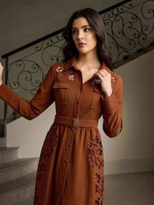 ZEYLAH Women's Fall Elegant Commuter Solid Color Embroidered Mid-Length Dress