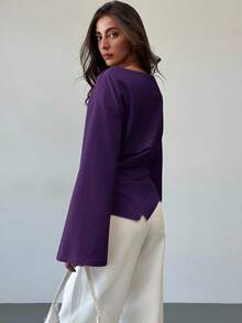 Aloruh Boat Neck Flared Sleeve Cropped Ruched Office Wear Women's Apricot Blouse - Purple - View 2
