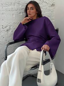 Aloruh Boat Neck Flared Sleeve Cropped Ruched Office Wear Women's Apricot Blouse - Purple - View 6