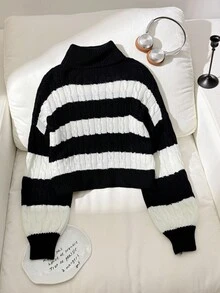 SHEIN Suéter holgado de cuello alto con textura a rayas negras y blancas para niña preadolescente, adecuado para usar en casa, salidas, escuela, compras y fiestas en otoño/invierno