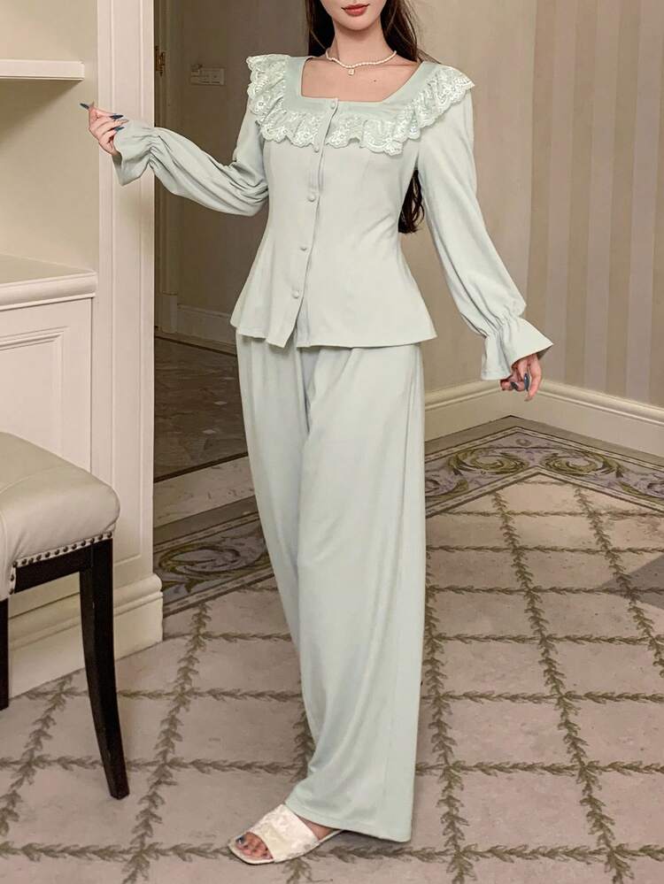 DAZY بيجاما نسائية مجموعة مزينة بالدانتيل الرومانسي، ملابس شتوية وخريفية رمضان - أخضر - مشاهدة 6