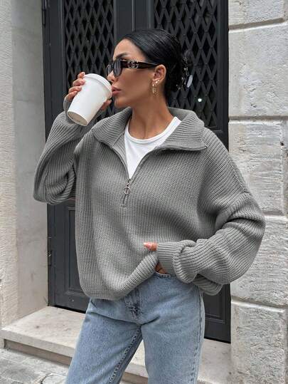 SHEIN Woman Zipper Collar Loose Fit Comfy Warm Sweater
