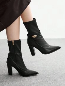 CUCCOO BIZCHIC Botas altas de tacón alto y puntera estrecha con estiramiento para uso diario - Negro - Ver 3