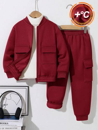 SHEIN 2pcs Kids/Tween Boys Casual Sports Patch Pocket Long Sleeve Baseball Collar Zip-Up Hoodie And Solid Color Jogger Pants Set, Suitable For School, Garden, Beach, Birthday, Spring/Summer/Autumn/Winter Fall