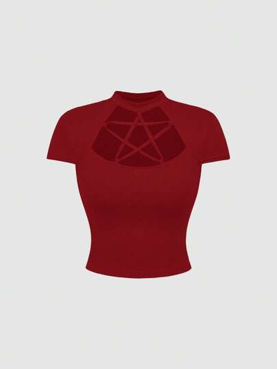 Goth Gothic Cut Out Fünfzackiger Stern Schnürung Vorne Anliegendes T-Shirt