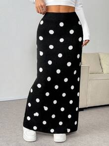 Chiquease 女式基本款简约波尔卡圆点可爱开叉下摆毛衣裙 - 黑與白 - 查看 5