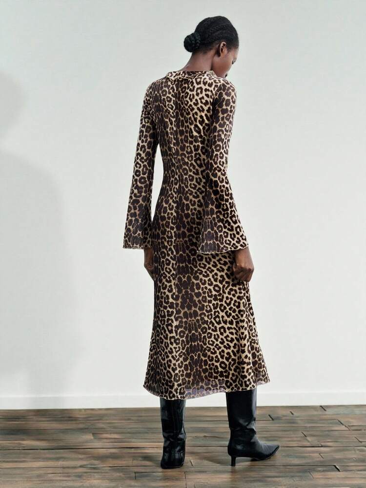 SHEIN Maija Women's Fashionable Commuter Leopard Print Flare Sleeve Dress, Leopard Dress, Brown Dress,Fall Clothes For Women,Cheetah Print