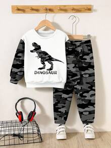SHEIN 2pcs/Set Baju Olahraga Anak Laki-laki Longgar Motif Dinosaurus dan Kamuflase, Kaos dan Celana Panjang, Set Pakaian Olahraga Kasual Nyaman, Musim Panas - MultiWarna - View 2