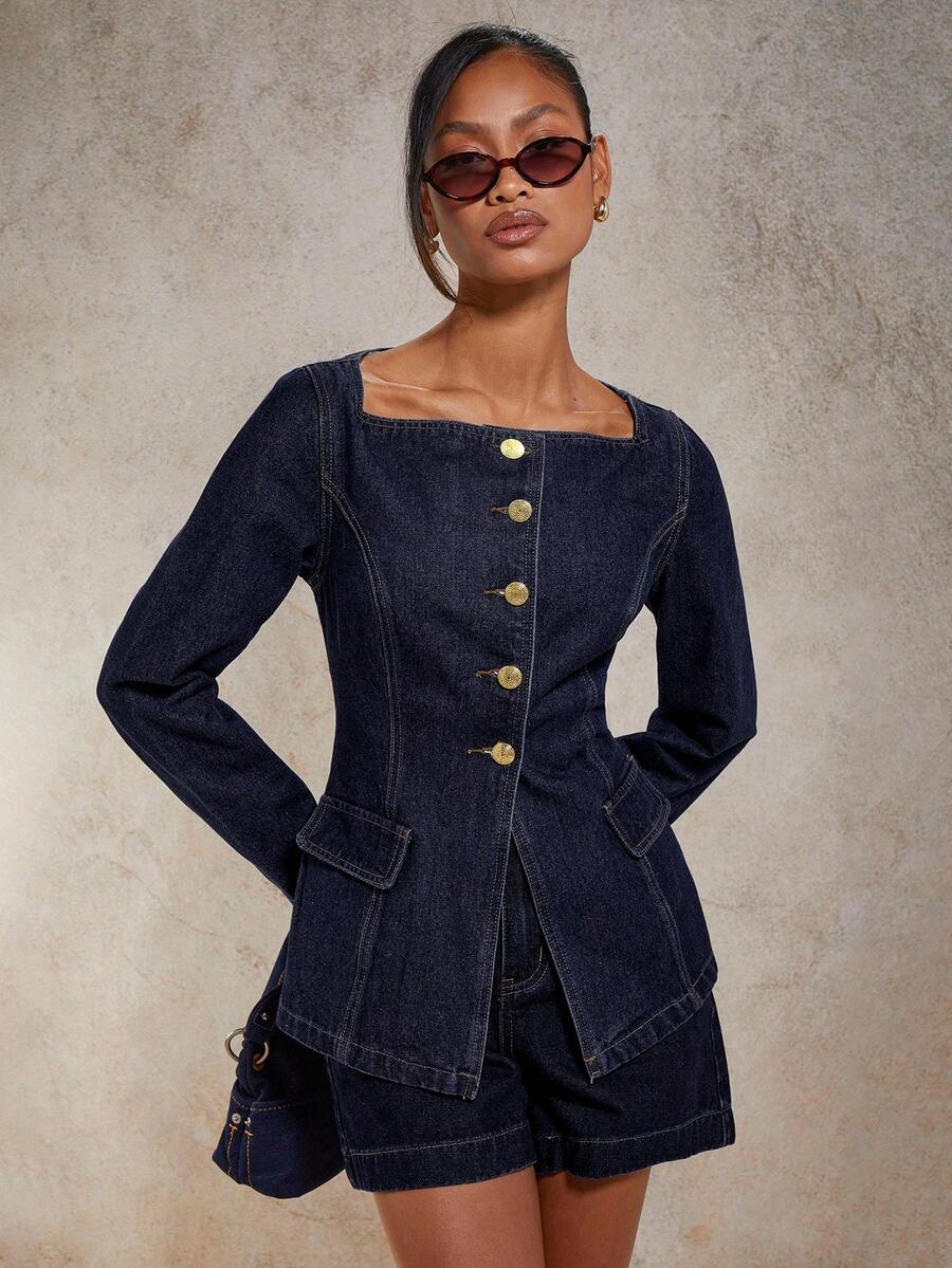 COSMINA Áo denim nữ cổ vuông tay dài, cài nút đơn thời trang, mùa thu - Rửa tối - Xem 1