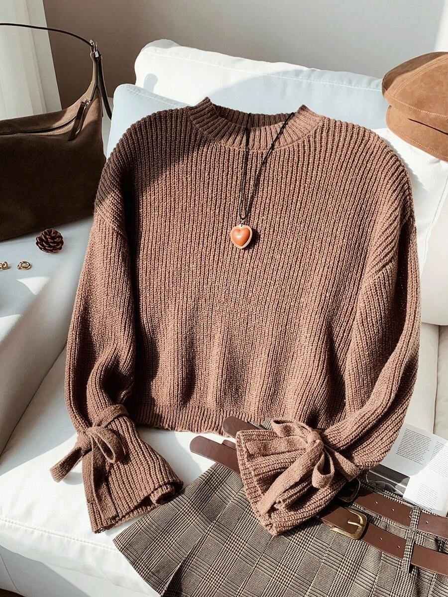Comfortcana Plus Size Solid Color Round Neck Drop Shoulder Flare Sleeve Fashionable Ribbed Knit Pullover Sweater/Winter - Brown - View 1