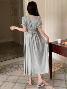 DAZY 法式花卉褶饰系带蕾丝拼接腰部超长睡袍女士睡衣 - 灰色 - 查看 2