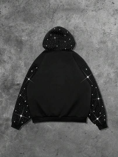 Street Life Sudadera con capucha con cremallera para hombres, estilo callejero con bordado de strass americano y estampado gráfico en inglés, para otoño/invierno