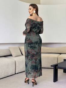 Modelyn Plus Size Women's Mesh Printed Off Shoulder Long Sleeve Elegant Dress - Dark Green - View 2