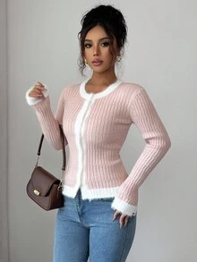 Elenzga Autumn/Winter French Style Pearl Button Faux Mink Fur Patchwork Round Neck Ribbed Knit Slim Fit Colorblock Cardigan - Pink - View 4