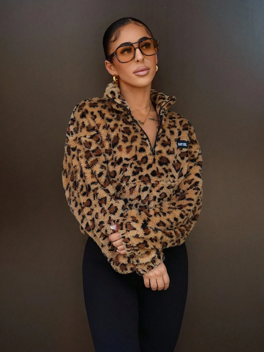 SAYEHFBABY 1pc Women's High Collar Zipper Long Sleeve Leopard Fluffy Pullover Sweatshirt,Long Sleeve Tops - Multicolor - View 1
