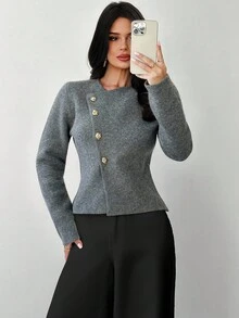 Firerie 女式深 V 领金属纽扣长袖毛衣上衣，日常通勤针织衫，春秋冬新品 - 深灰色 - 查看 4