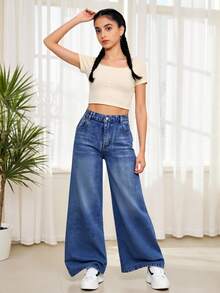 SHEIN TWEEN GIRLS 百搭休闲直筒牛仔裤，柔软复古水洗面料，适合户外和所有季节