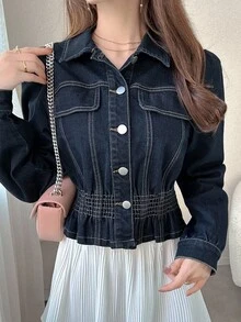 FRIFUL Women's Waist Cinched Hem Casual Slim Fit Denim Blouse Long Sleeve Women