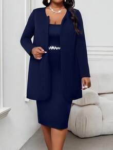 SHEIN Lady Plus Size Women Solid Color Long Sleeve Open Front Casual Loose Jacket, Autumn Navy Blue Plus Size Dress Plus Size 2 Piece Sets Blazer Dress Plus Size Plus Size Women Clothes 2 Piece Office Dress Plus Size - Navy Blue - View 3