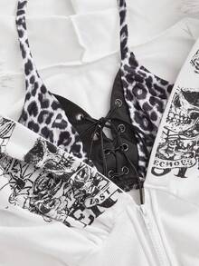 ROMWE Grunge Punk 十字架吊坠和朋克骷髅印花二合一豹纹拼接修身女式卫衣 - 白色 - 查看 3