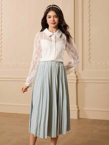 青少年蕾丝拼布领长袖衬衫 + 腰部褶皱优雅裙，万圣节和圣诞节服装 - 白色 - 查看 7