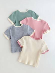 Loomiva 4 قطع مجموعة ملابس علوية قصيرة الأكمام بياقة دائرية ناعمة محبوكة بألوان متباينة للبنات الصغار، ملابس علوية كاجوال ومريح - وردي - مشاهدة 2