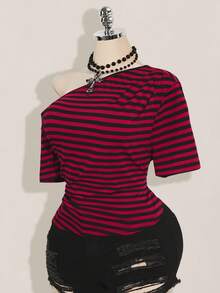 SHEIN ICON Áo thun tay ngắn dệt kim kẻ sọc đen xám vai lệch cỡ lớn, áo thun sọc Bardot thường ngày, trở lại trường, Y2K, trang phục hàng ngày, thích hợp cho mùa hè - Nhiều màu - Xem 2