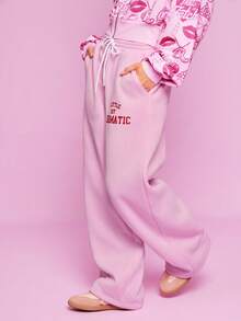 Mean Girls | SHEIN Quần nỉ cạp rút họa tiết chữ thường ngày dành cho nữ - Hồng - Xem 3