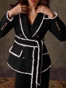 Lilora Women's Minimalist Tweed Business Blazer With Belt, Long Sleeve, Autumn/Winter,Business, Retro, Party, Resort, Outing, Old Money,Siren Coquettish, Prom, Ball, Valentine's Day, Cruise Attire, Commuting,  Richly Layered, Date Night, Gathering, Minimalism, Birthday, Formal Event,  Ibiza, Nashville, Break, Modest, Chic, Casual, Shopping, Street Wear, Going Out, Coquette,Sexy,Vintage,Street Wear,Boho,Formal,2000s Style,Casual,Hippie,Retro,Old Money Style - Black - View 7