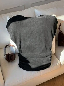 SHEIN EZwear Áo thun cổ tròn tay raglan màu xám giản dị dành cho nữ, đa năng - Xám - Xem 3
