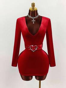 Amplova 女式纯色深V领长袖心形扣腰带设计修身时尚迷你连衣裙 - 紅色 - 查看 3