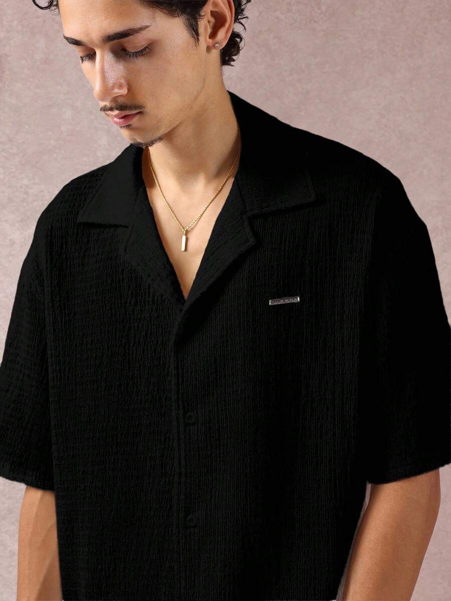 SUMWON Textured Button Down Camp Shirt Short Sleeve Vacation Style Resort Casual Collar Summer Shirt Men Evening Party Collared Bowling Lounge Casual