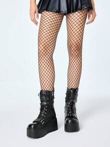 ROMWE Grunge Punk 2025秋冬新款圆头系带链条朋克厚底靴，皮革户外时尚一脚蹬中筒靴 - 黑色 - 查看 2