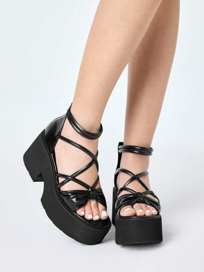 Women's Black Punk Gothic Style Platform Sandals, Retro Roman Criss-Cross Straps Peep Toe Thick Heel High Heels