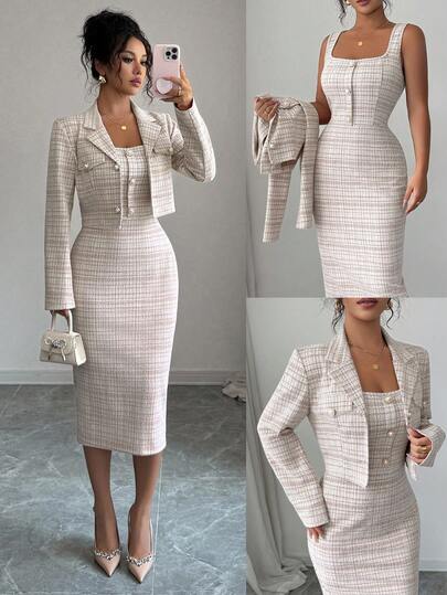 Elenzga 2-Piece Tweed Suit: Elegant Herringbone Blazer Jacket + Sleeveless Fitted Bodycon Dress, Chic Ladylike Outfit For Spring/Autumn