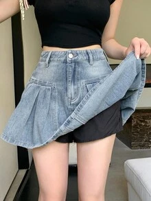DAZY Women's Summer Pleated Short Casual Denim Mini Skirt Y2k