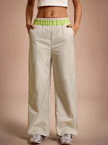 SHEIN Sports Pantaloni de trening cu talie contrastantă și croială dreaptă pentru femei