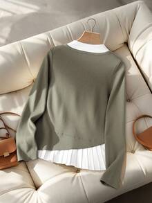 GlowEve Women's Elegant Casual Metal Button Collar 2-In-1 Fitted Sweater, Autumn/Winter - Green - View 2