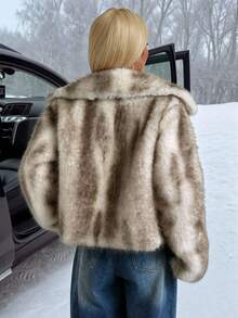 Muchica Chaqueta de mujer con cuello de piel sintética y manga larga, para otoño/invierno - Albaricoque - Ver 3