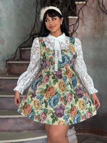 Lyrianda Plus Size Jacquard Patchwork Solid Color Elegant Dress