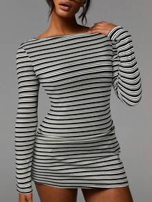 Athîral Women's Striped Boat Neck Long Sleeve Fitted Mini Dress