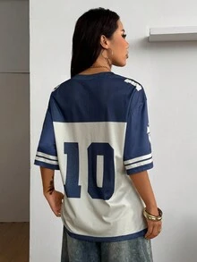 Coolane 女士夏季街头服饰外出运动休闲图案透气网眼宽松针织 T 恤 - 藍白色 - 查看 5