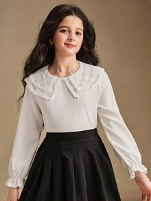 SHEIN Blusa casual de manga larga con bordado floral elegante y ribete de encaje para niñas, para primavera/otoño - Blanco - Ver 1