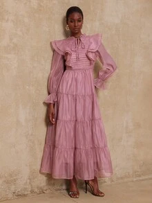 Lumalex VITNOS 新款优雅甜美浪漫荷叶边系带灯笼袖腰部收腰派对奢华高端层叠荷叶边下摆连衣裙，女士秋冬